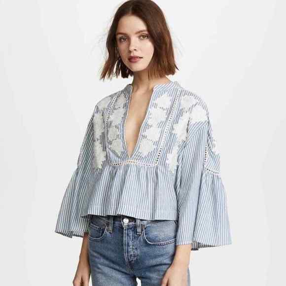 Free People Tops - Free People Women's Liya Embroidered Floral Striped Blouse Top Blue White Size S